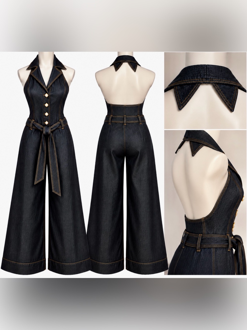 Bisou Bisou Y2K Dark Denim Halter Jumpsuit Wide Leg Open Back L - Picture 10 of 13